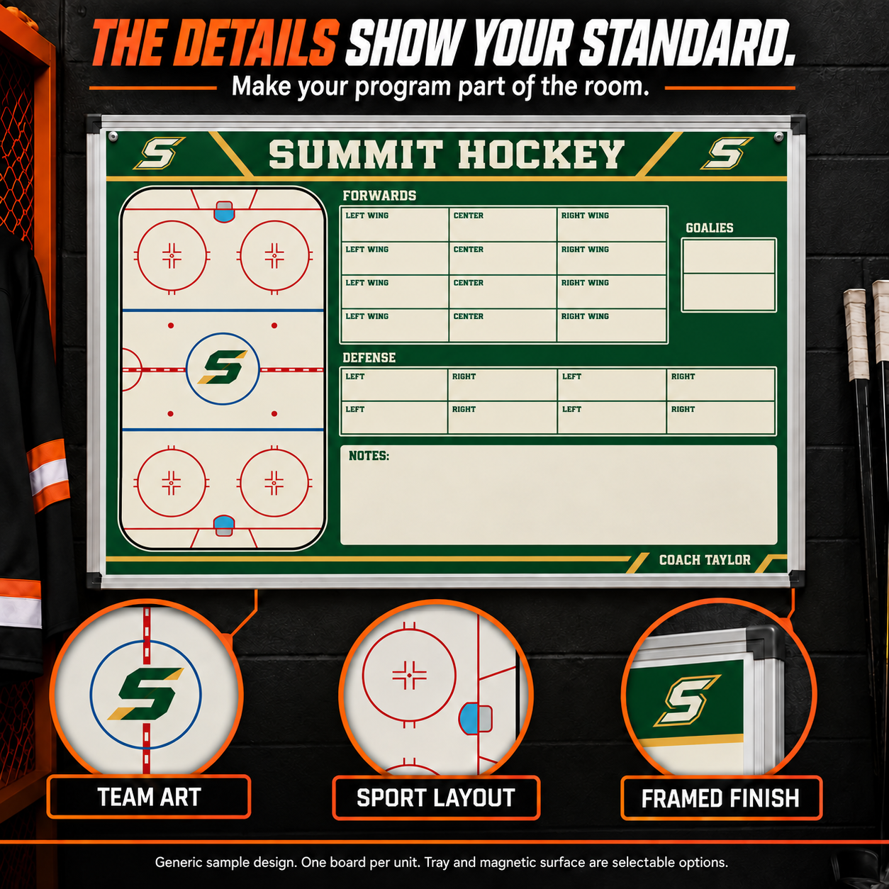 Custom Hockey small-wall coaching board: Hockey small-wall sample face with varied team colors and source-informed sport diagrams or writing areas. Generic AI sample illustration. Final artwork follows the selected product designer.