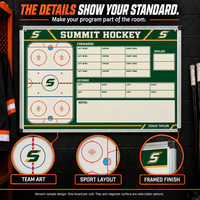 Thumbnail for Custom Hockey small-wall coaching board: Hockey small-wall sample face with varied team colors and source-informed sport diagrams or writing areas. Generic AI sample illustration. Final artwork follows the selected product designer.