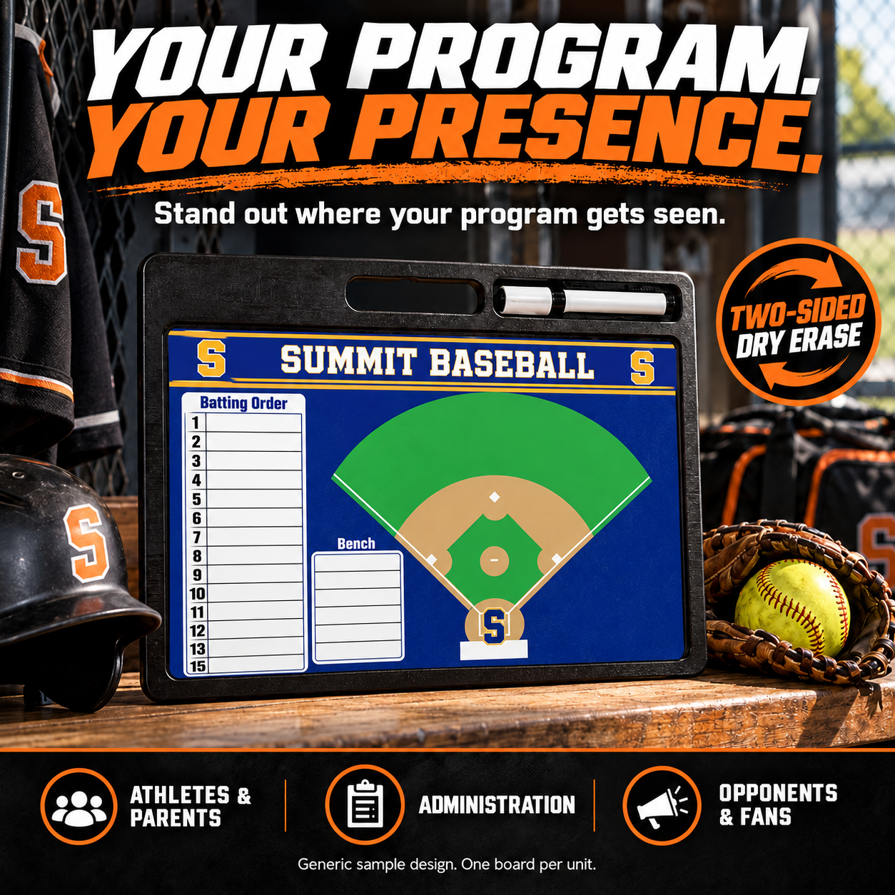 Custom Baseball / Softball pro-handle coaching board: Baseball / Softball pro-handle sample face with varied team colors and source-informed sport diagrams or writing areas. Generic AI sample illustration. Final artwork follows the selected product designer.