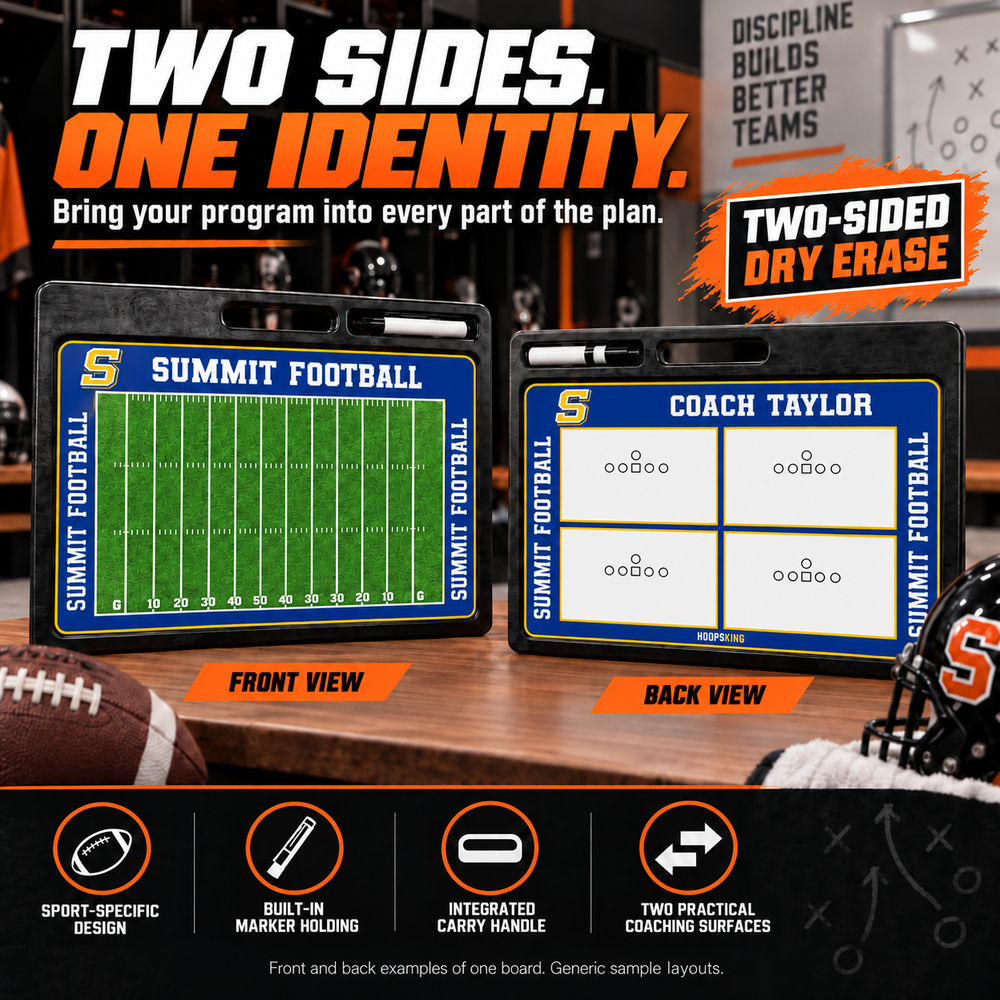 Custom Football pro-handle coaching board: Football pro-handle sample face with varied team colors and source-informed sport diagrams or writing areas. Generic AI sample illustration. Final artwork follows the selected product designer.