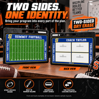 Thumbnail for Custom Football pro-handle coaching board: Football pro-handle sample face with varied team colors and source-informed sport diagrams or writing areas. Generic AI sample illustration. Final artwork follows the selected product designer.