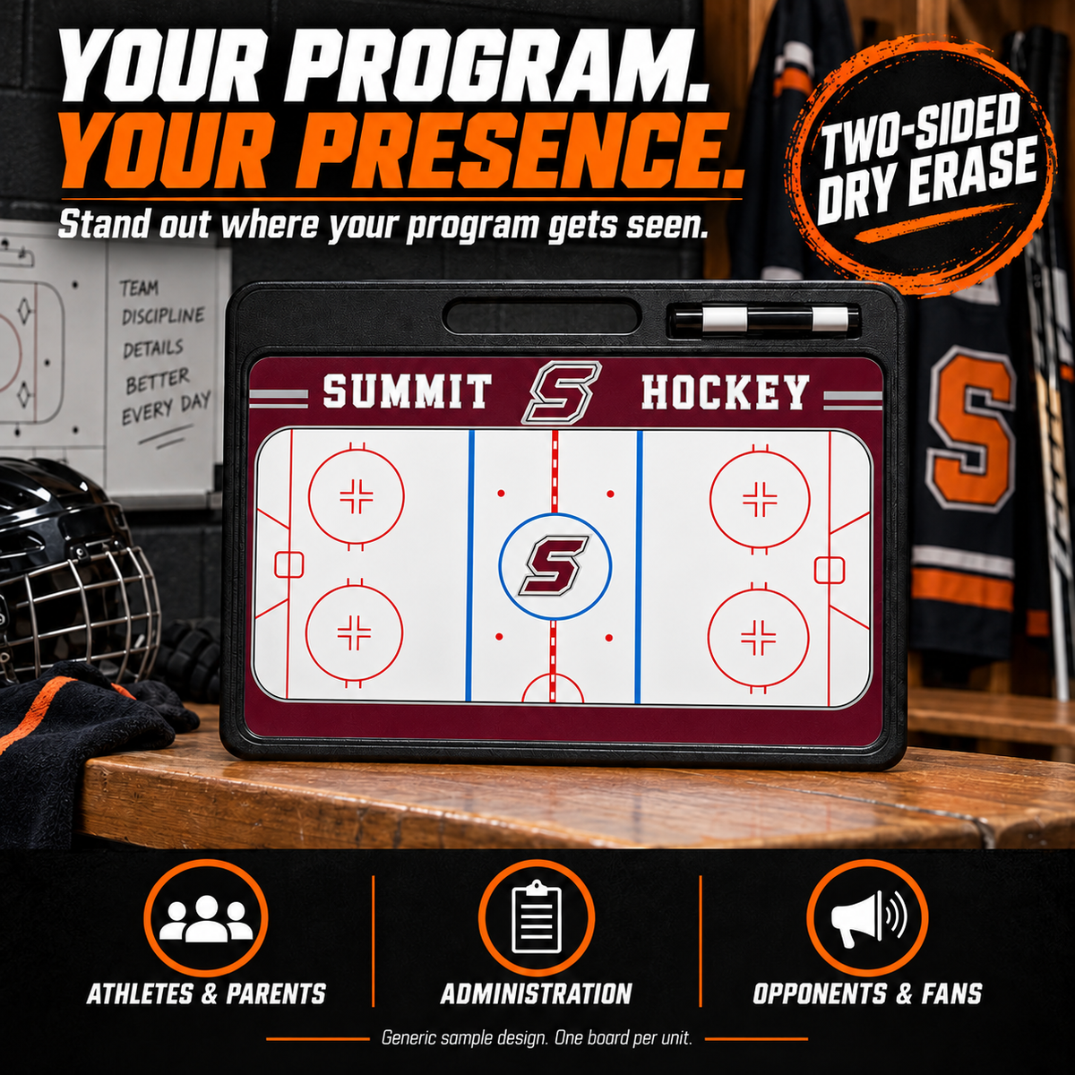 Custom Hockey pro-handle coaching board: Hockey pro-handle sample face with varied team colors and source-informed sport diagrams or writing areas. Generic AI sample illustration. Final artwork follows the selected product designer.