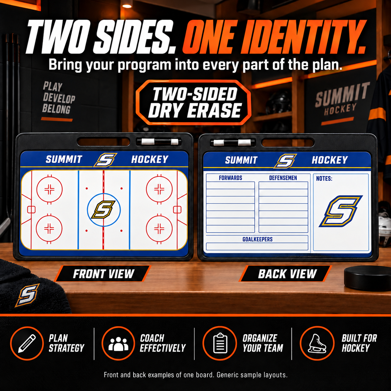 Custom Hockey pro-handle coaching board: Hockey pro-handle sample face with varied team colors and source-informed sport diagrams or writing areas. Generic AI sample illustration. Final artwork follows the selected product designer.