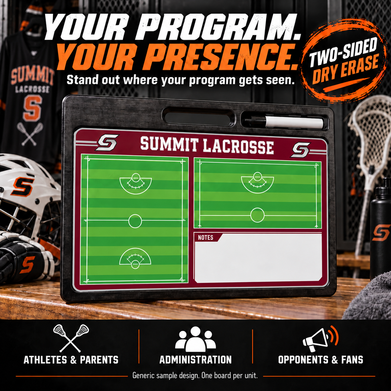 Custom Lacrosse pro-handle coaching board: Lacrosse pro-handle sample face with varied team colors and source-informed sport diagrams or writing areas. Generic AI sample illustration. Final artwork follows the selected product designer.