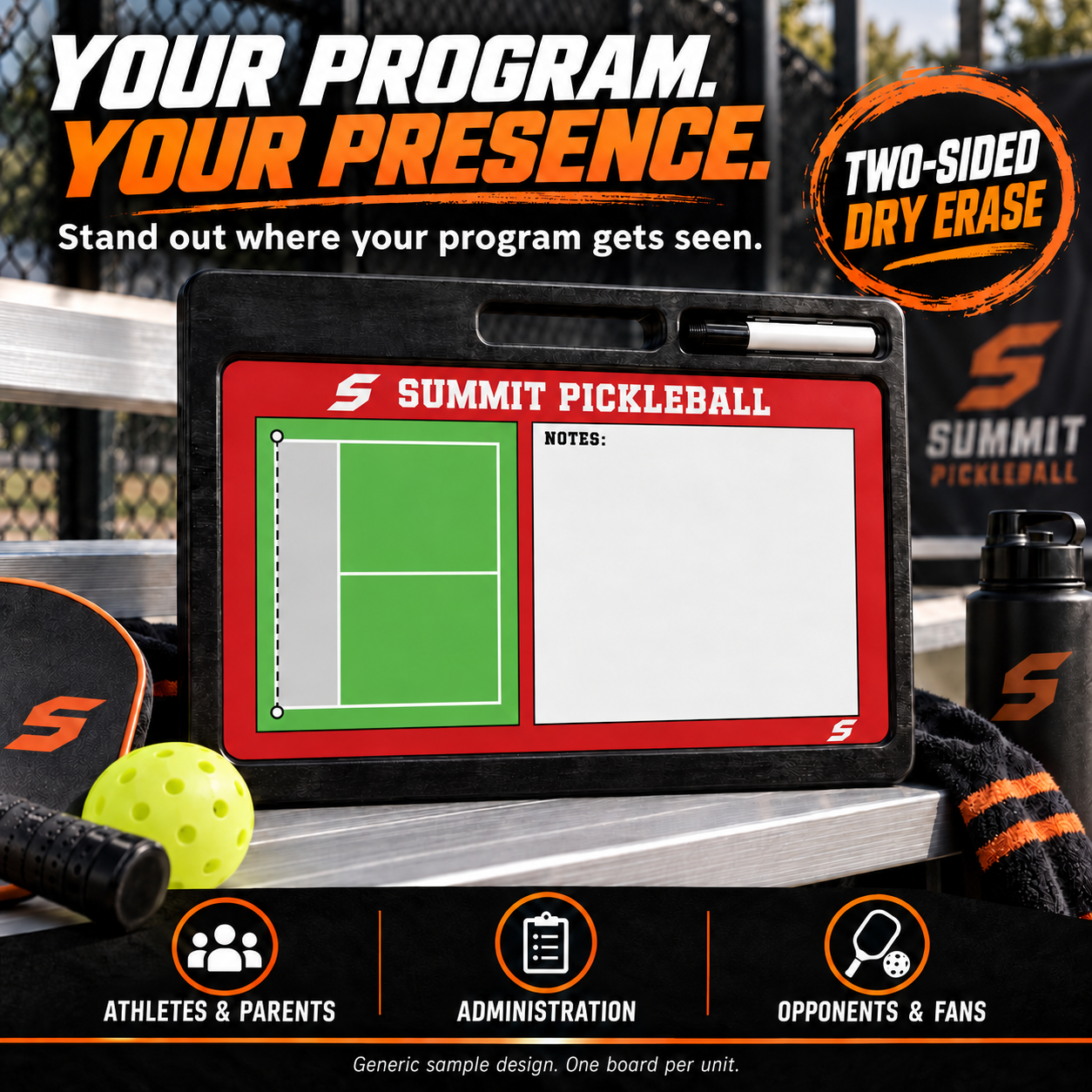 Custom Pickleball pro-handle coaching board: Red pickleball reverse face with a half-court diagram and notes. Generic AI sample illustration. Final artwork follows the selected product designer.