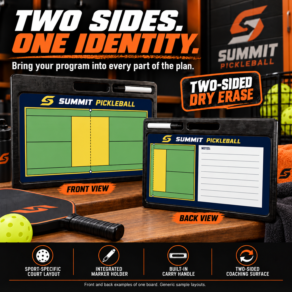 Custom Pickleball pro-handle coaching board: Pickleball pro-handle sample face with varied team colors and source-informed sport diagrams or writing areas. Generic AI sample illustration. Final artwork follows the selected product designer.