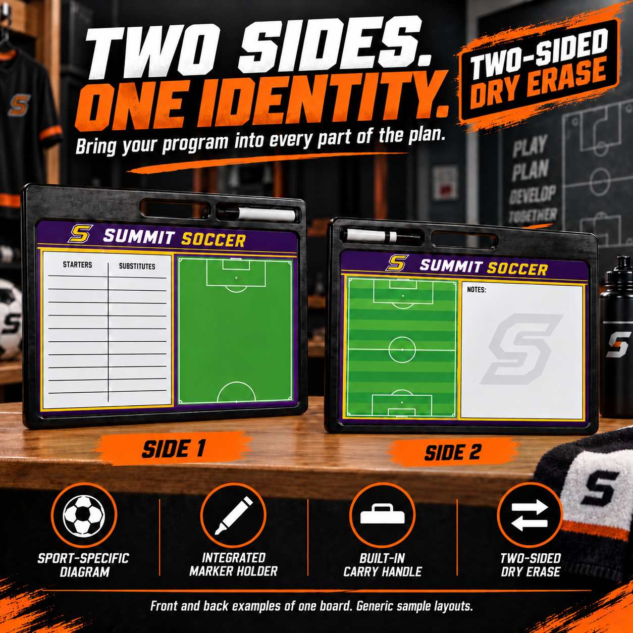 Custom Soccer pro-handle coaching board: Purple-and-gold soccer full-pitch/notes and half-pitch/lineup faces, labelled Side 1 and Side 2. Generic AI sample illustration. Final artwork follows the selected product designer.