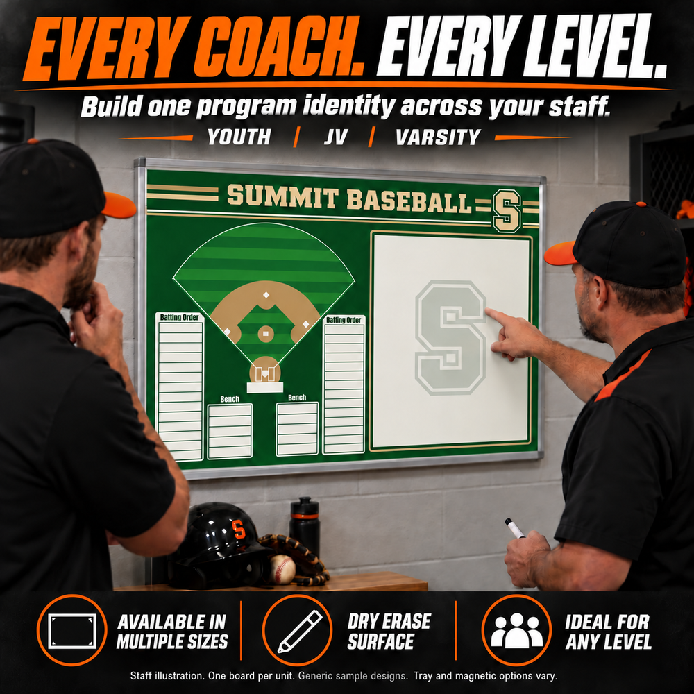 Custom Baseball / Softball wall coaching board: Forest-green baseball field, two batting-order writing columns and bench panels, with a large notes area. Generic AI sample illustration. Final artwork follows the selected product designer.