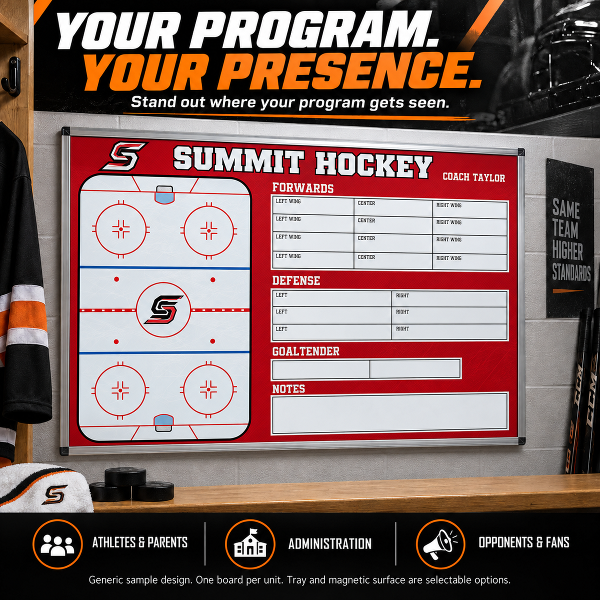 Custom Hockey wall coaching board: Hockey wall sample face with varied team colors and source-informed sport diagrams or writing areas. Generic AI sample illustration. Final artwork follows the selected product designer.