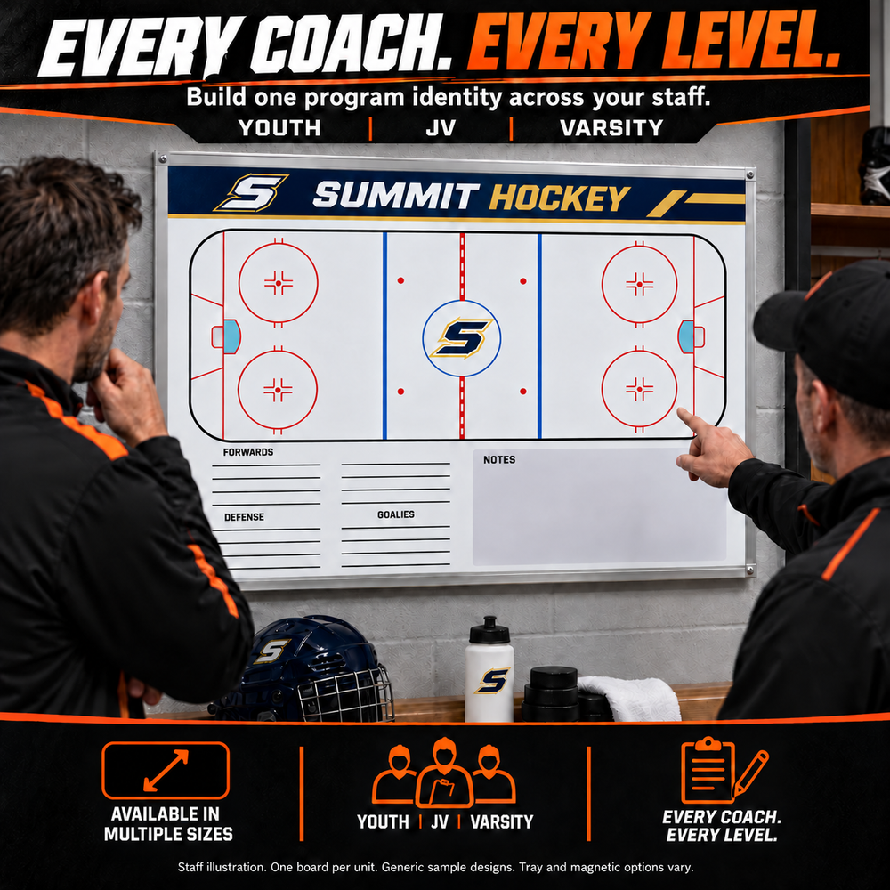 Custom Hockey wall coaching board: Hockey wall sample face with varied team colors and source-informed sport diagrams or writing areas. Generic AI sample illustration. Final artwork follows the selected product designer.