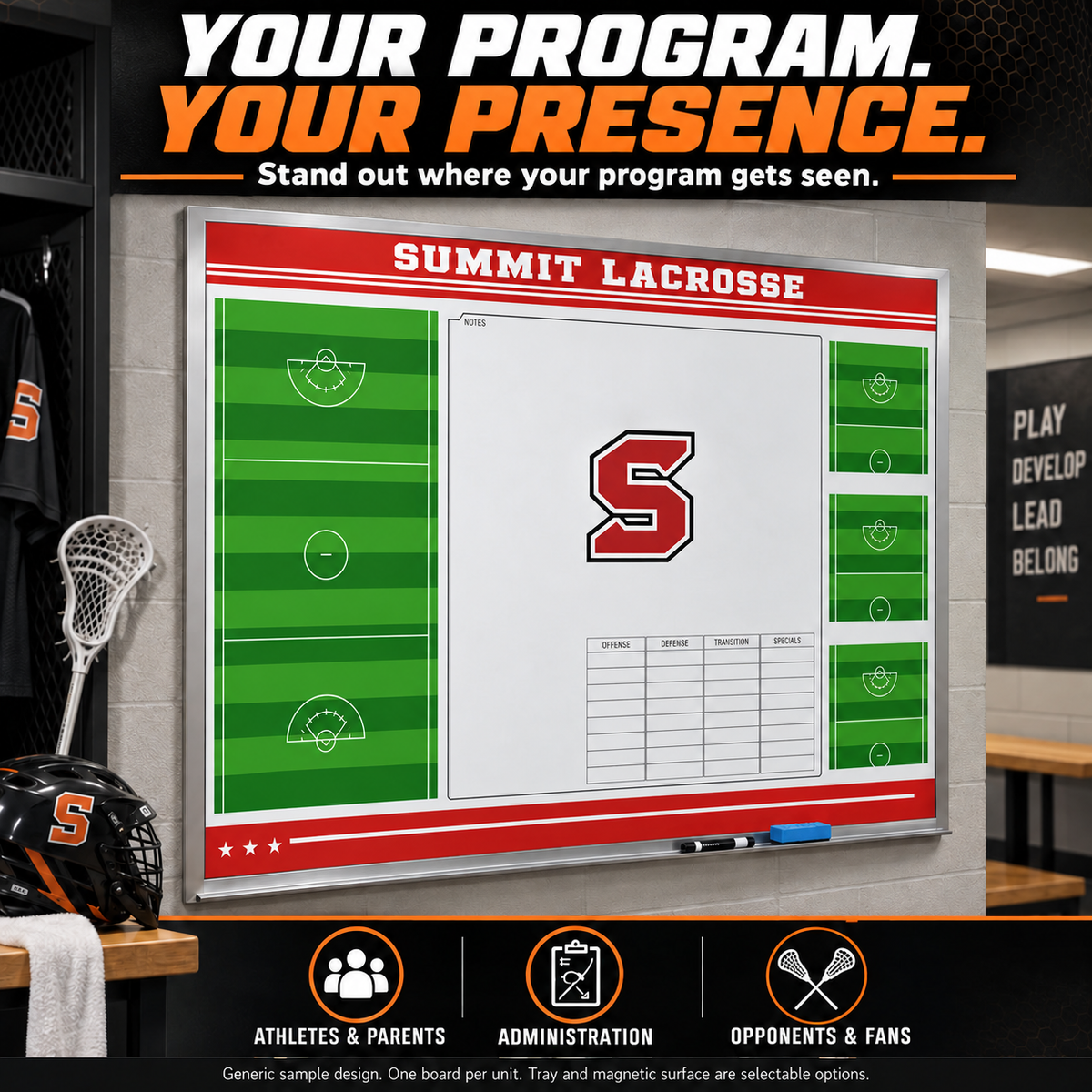 Custom Lacrosse wall coaching board: Lacrosse wall sample face with varied team colors and source-informed sport diagrams or writing areas. Generic AI sample illustration. Final artwork follows the selected product designer.