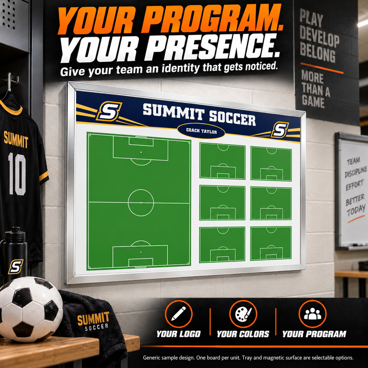 Custom Soccer wall coaching board: Soccer wall sample face with varied team colors and source-informed sport diagrams or writing areas. Generic AI sample illustration. Final artwork follows the selected product designer.