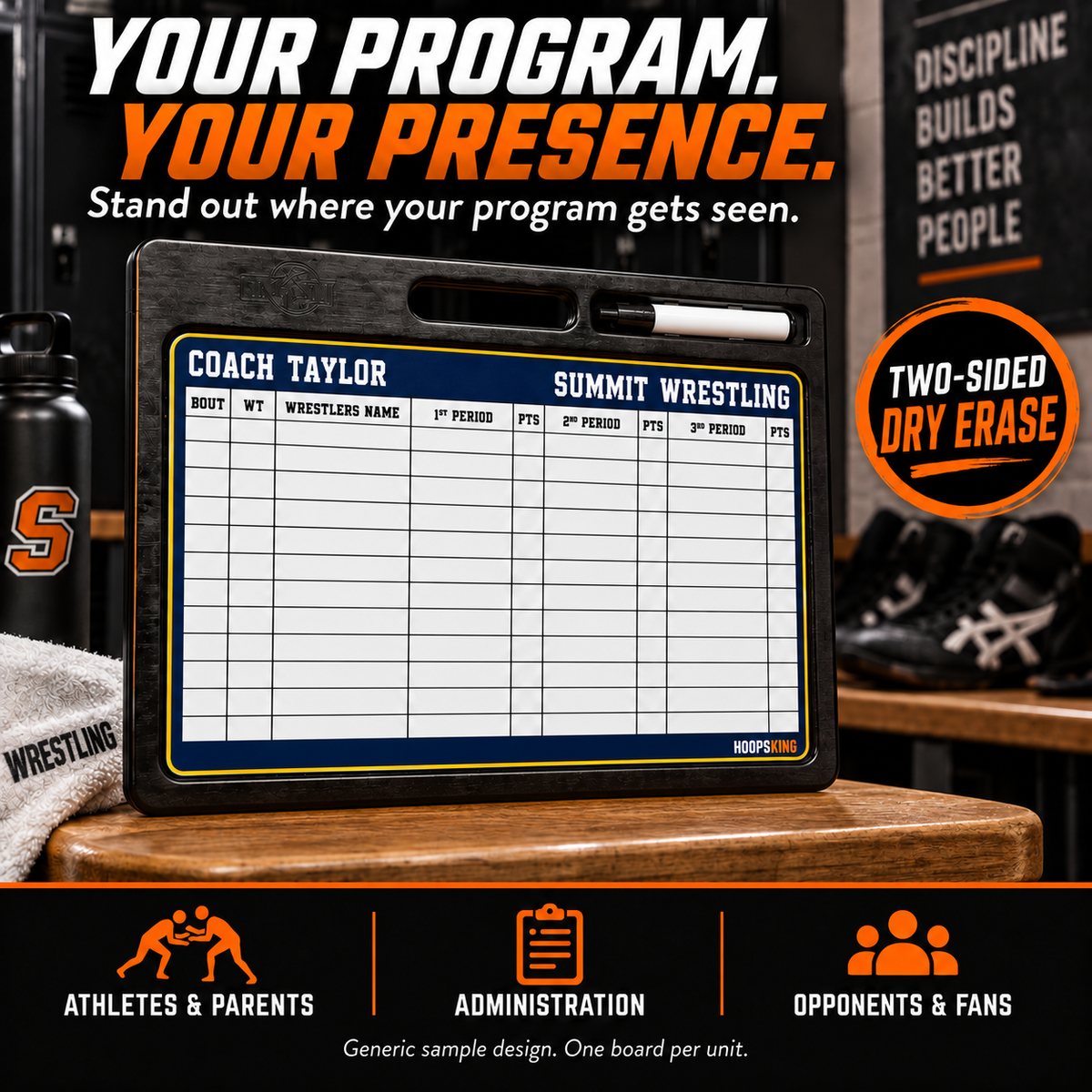 Custom Wrestling pro-handle coaching board: One navy-and-gold Pro board showing the wrestling bout and period score grid. Generic AI sample illustration. Final artwork follows the selected product designer.