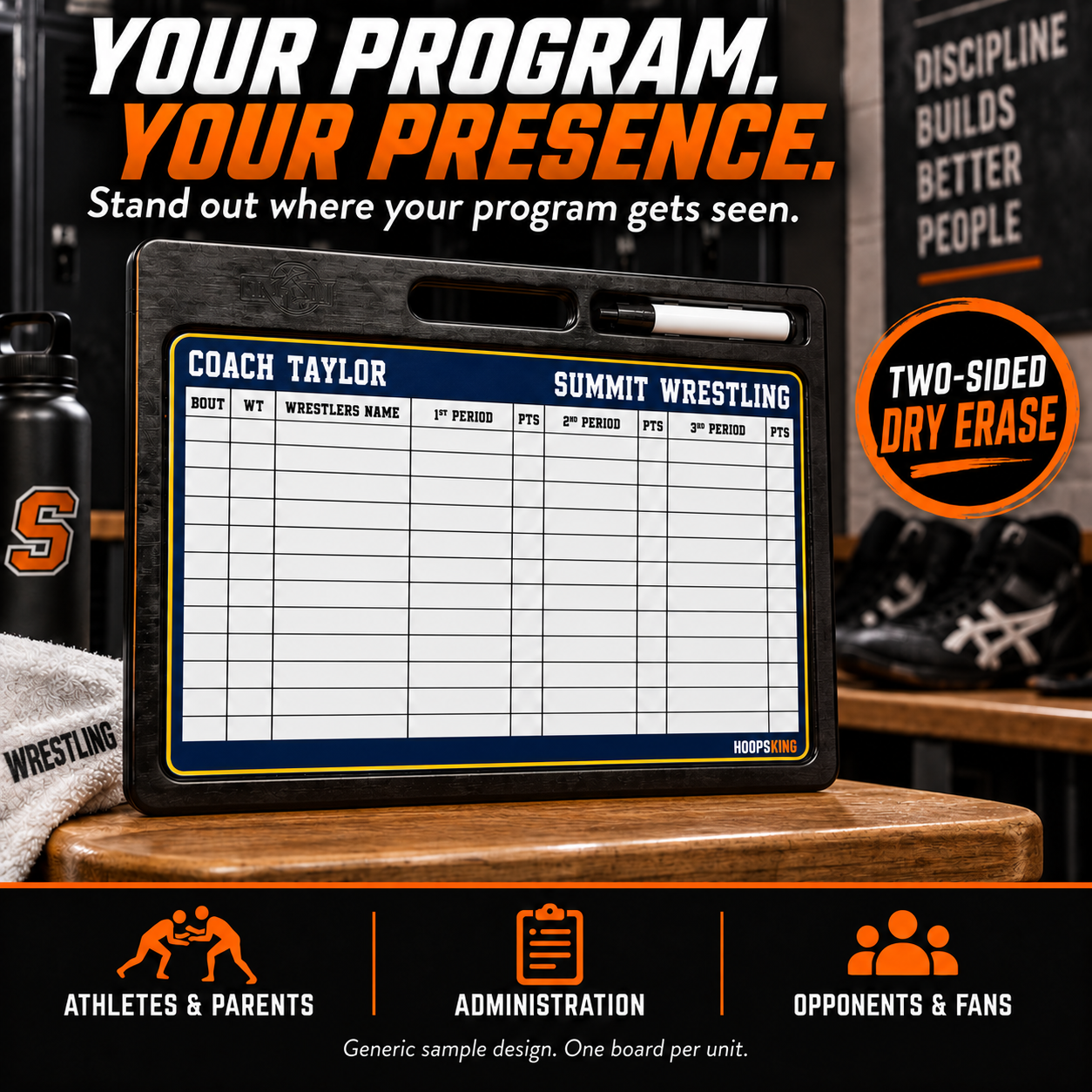 Custom Wrestling pro-handle coaching board: One navy-and-gold Pro board showing the wrestling bout and period score grid. Generic AI sample illustration. Final artwork follows the selected product designer.