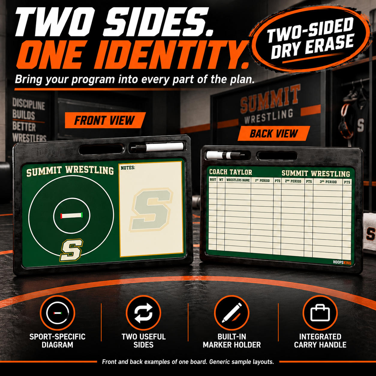 Custom Wrestling pro-handle coaching board: Wrestling pro-handle sample face with varied team colors and source-informed sport diagrams or writing areas. Generic AI sample illustration. Final artwork follows the selected product designer.