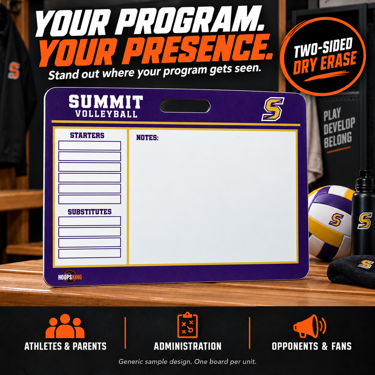 Custom Volleyball carry coaching board: Volleyball carry sample face with varied team colors and source-informed sport diagrams or writing areas. Generic AI sample illustration. Final artwork follows the selected product designer.