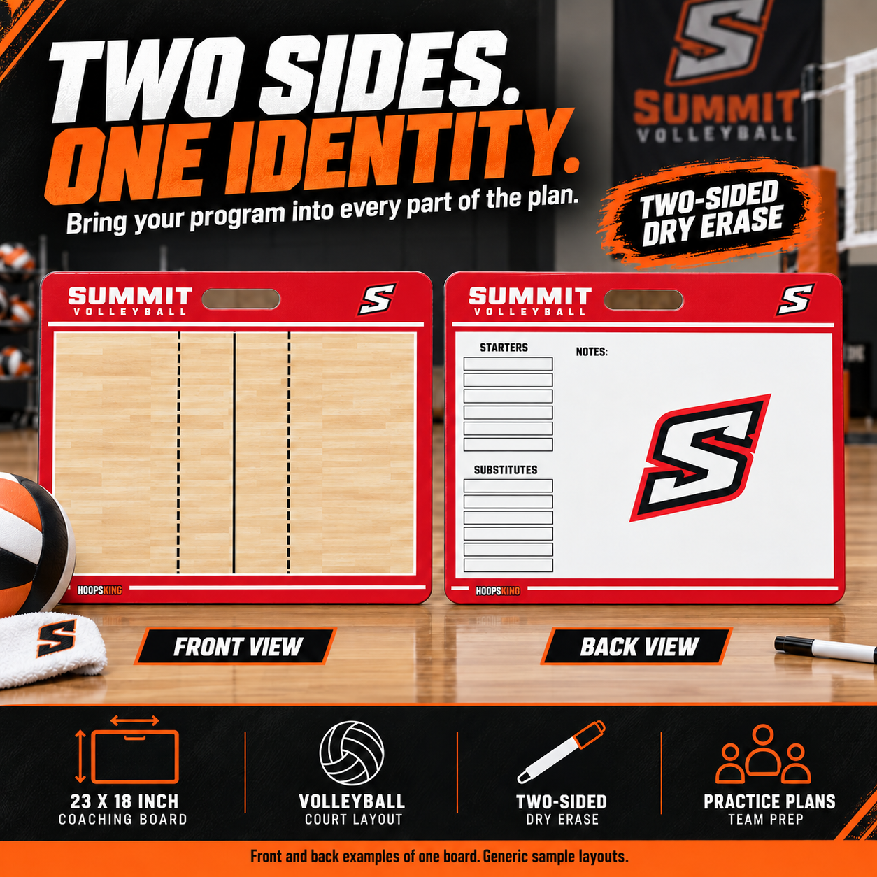 Custom Volleyball carry coaching board: Volleyball carry sample face with varied team colors and source-informed sport diagrams or writing areas. Generic AI sample illustration. Final artwork follows the selected product designer.