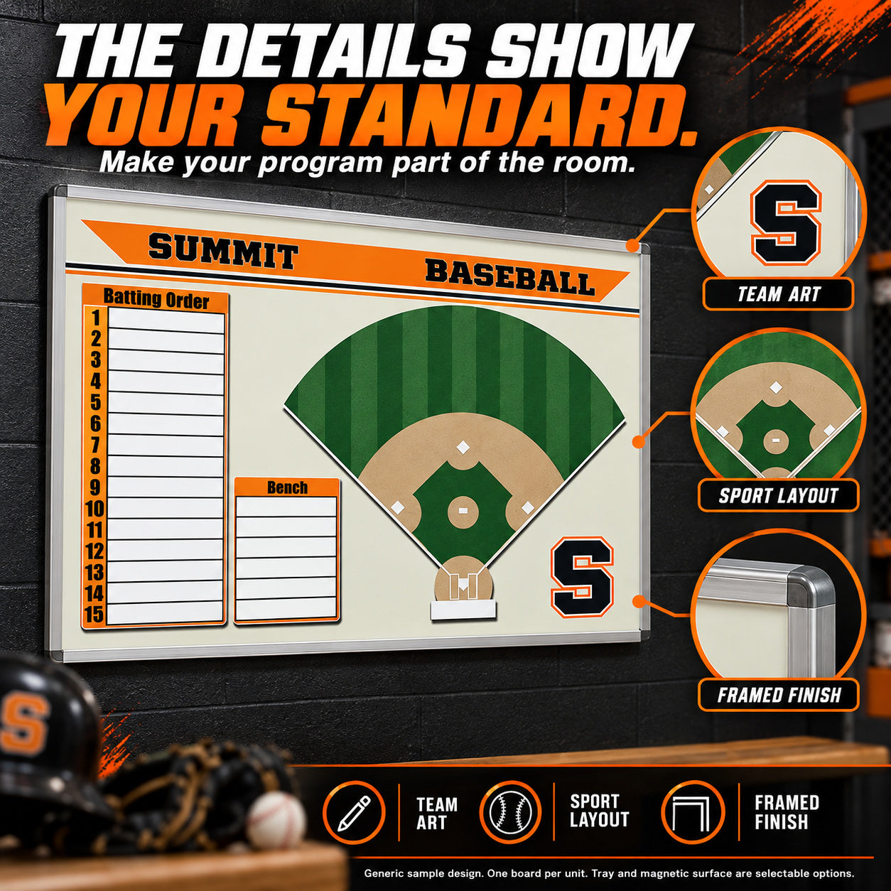 Illustrative custom baseball / softball wall-mounted board: The details show your standard. Custom team branding and dry-erase coaching space. Generic sample design. One board per unit. Sizes vary; magnetic surface and marker tray are selectable options.