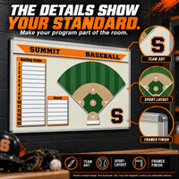 Thumbnail for Illustrative custom baseball / softball wall-mounted board: The details show your standard. Custom team branding and dry-erase coaching space. Generic sample design. One board per unit. Sizes vary; magnetic surface and marker tray are selectable options.