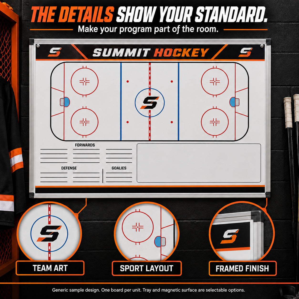 Illustrative custom hockey wall-mounted board: The details show your standard. Custom team branding and dry-erase coaching space. Generic sample design. One board per unit. Sizes vary; magnetic surface and marker tray are selectable options.