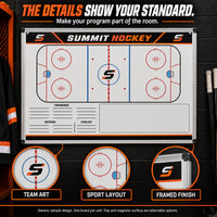 Thumbnail for Illustrative custom hockey wall-mounted board: The details show your standard. Custom team branding and dry-erase coaching space. Generic sample design. One board per unit. Sizes vary; magnetic surface and marker tray are selectable options.