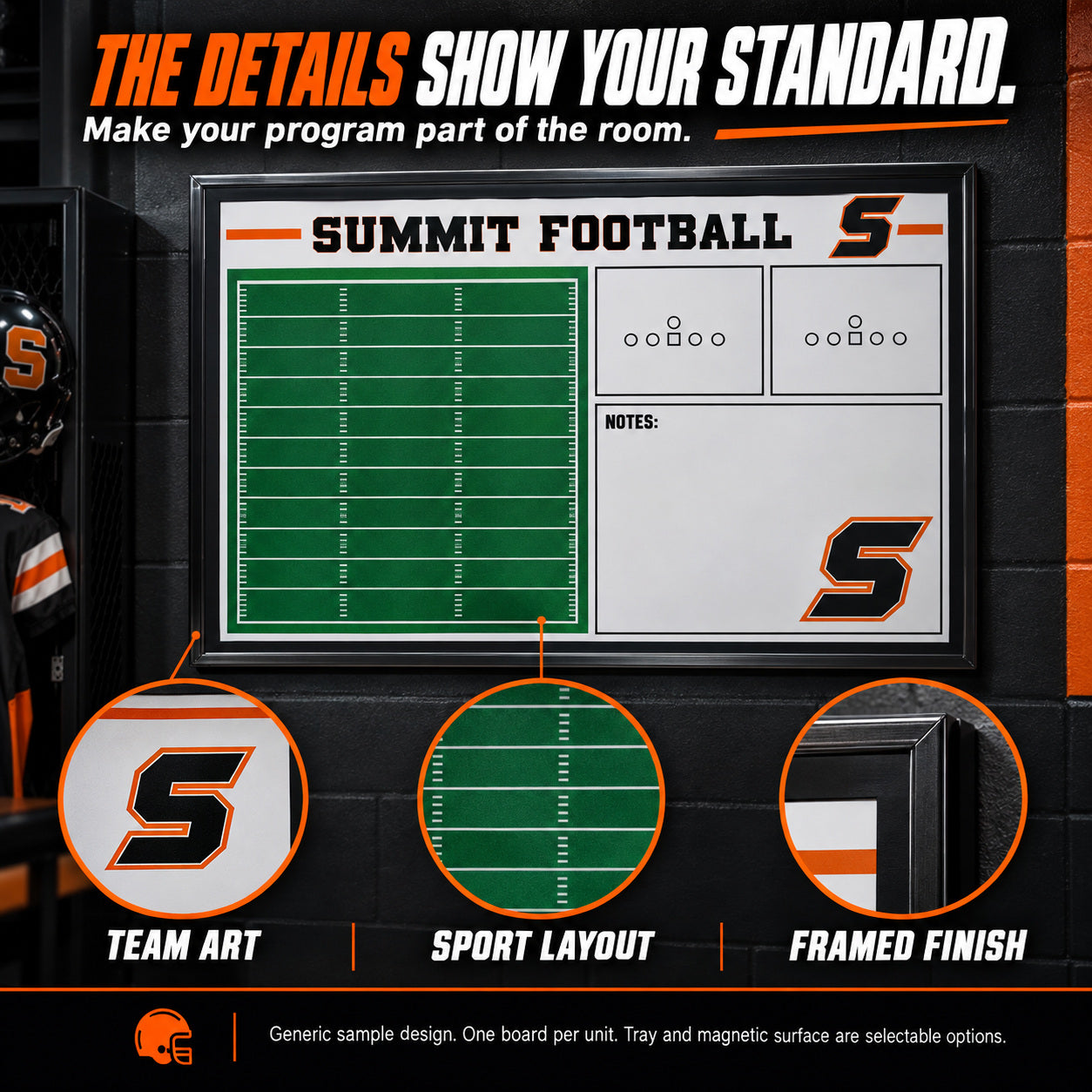 Illustrative custom football wall-mounted board: The details show your standard. Custom team branding and dry-erase coaching space. Generic sample design. One board per unit. Sizes vary; magnetic surface and marker tray are selectable options.