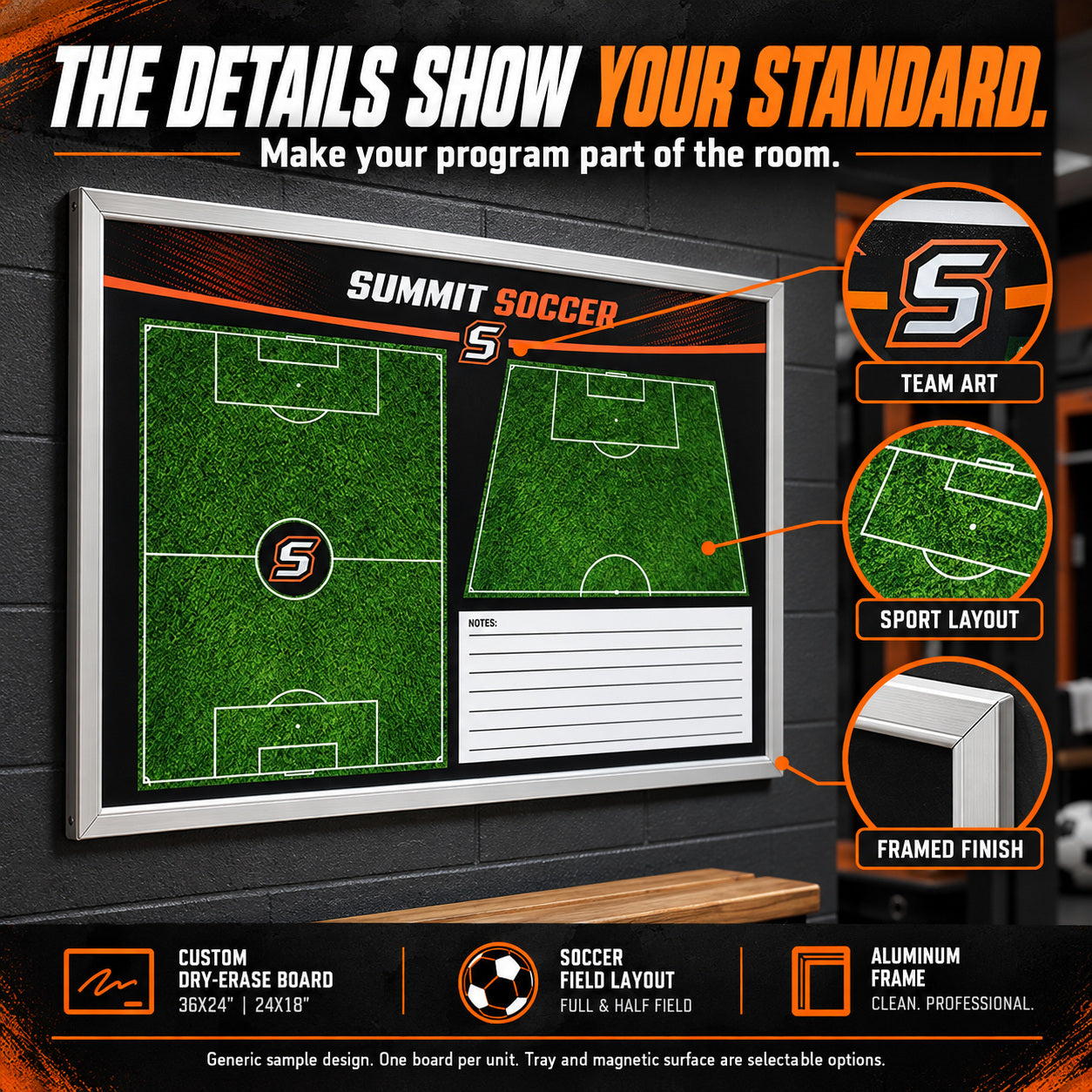 Illustrative custom soccer wall-mounted board: The details show your standard. Custom team branding and dry-erase coaching space. Generic sample design. One board per unit. Sizes vary; magnetic surface and marker tray are selectable options.