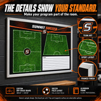 Thumbnail for Illustrative custom soccer wall-mounted board: The details show your standard. Custom team branding and dry-erase coaching space. Generic sample design. One board per unit. Sizes vary; magnetic surface and marker tray are selectable options.