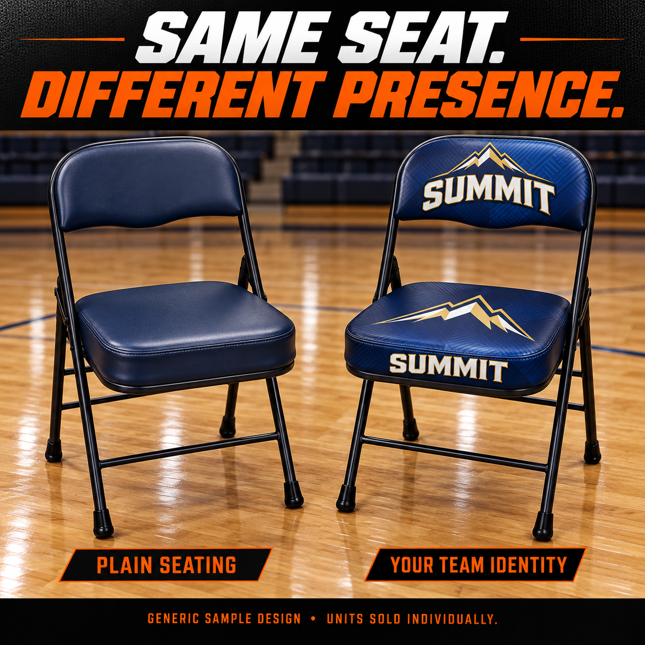Digitally printed sideline chairs: plain and custom versions of the same seating model. AI illustration with a generic sample design; each chair is a separate unit.