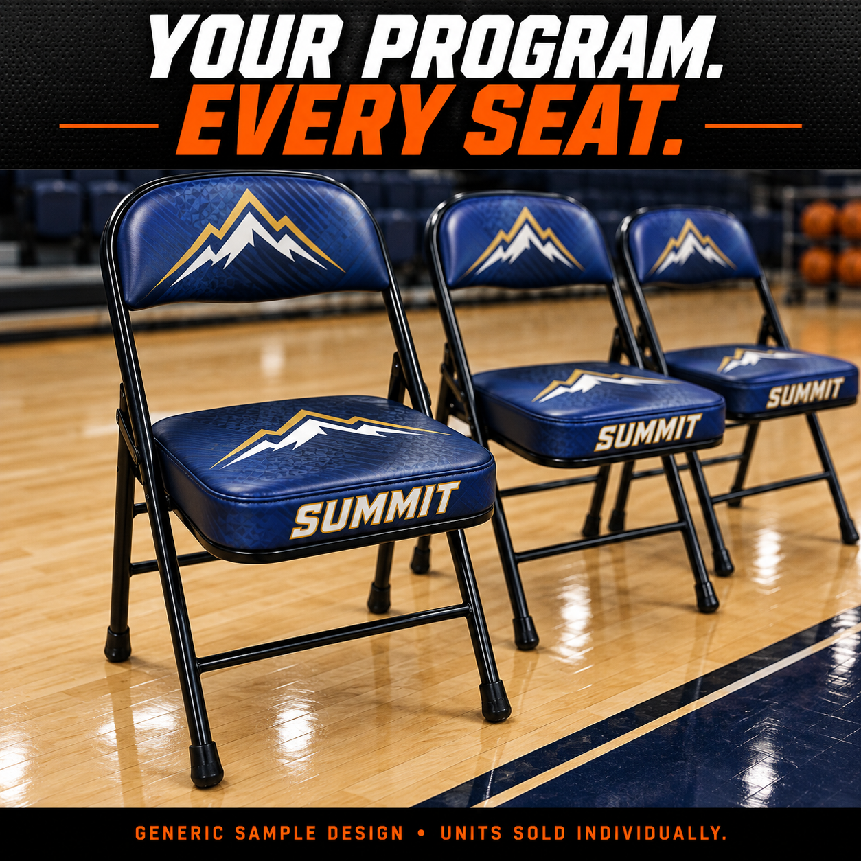 Digitally printed sideline chairs: program identity in matching custom seating. AI illustration with a generic sample design; each chair is a separate unit.