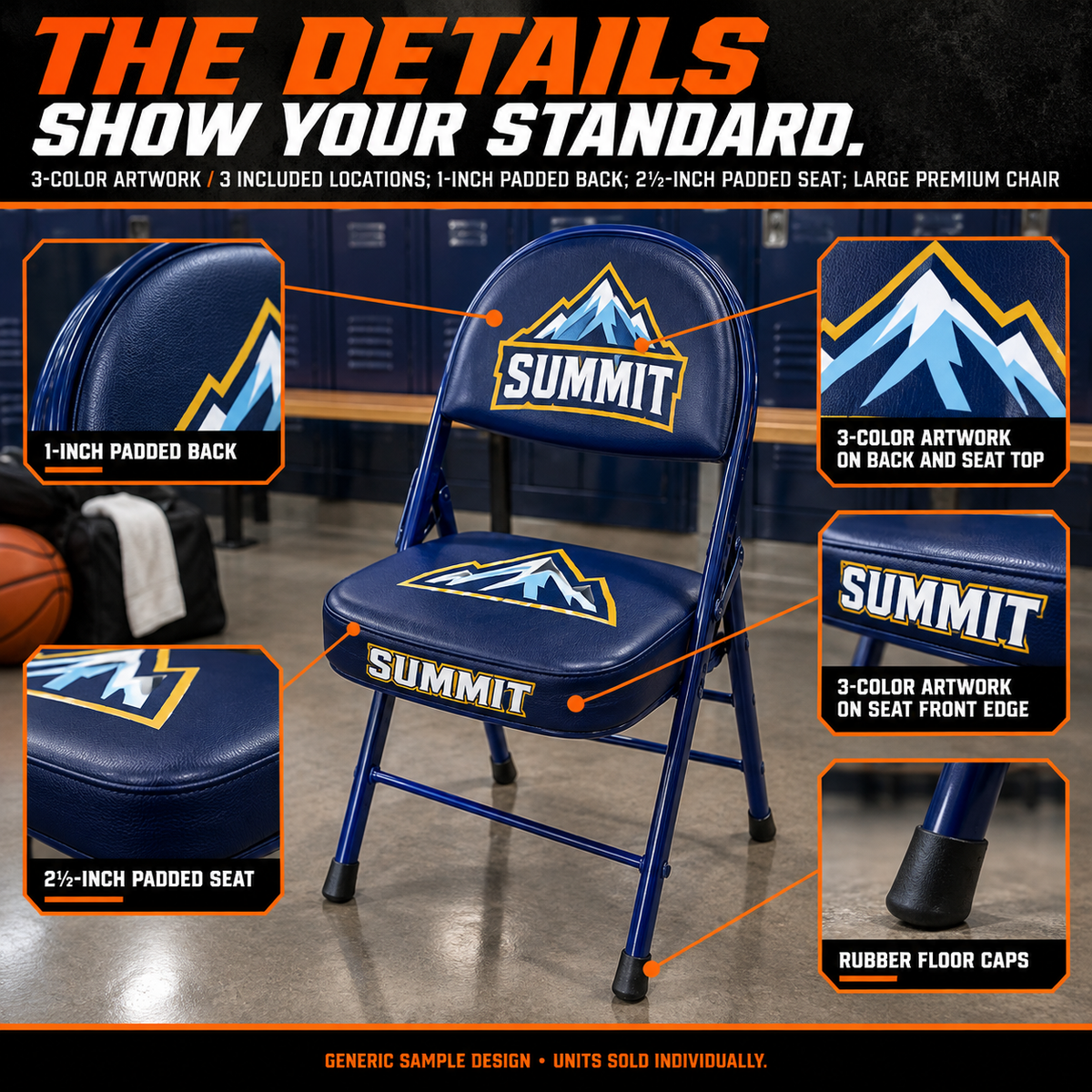 3 UP premium chairs: verified padding, print and folding-frame features. AI illustration with a generic sample design; each chair is a separate unit.