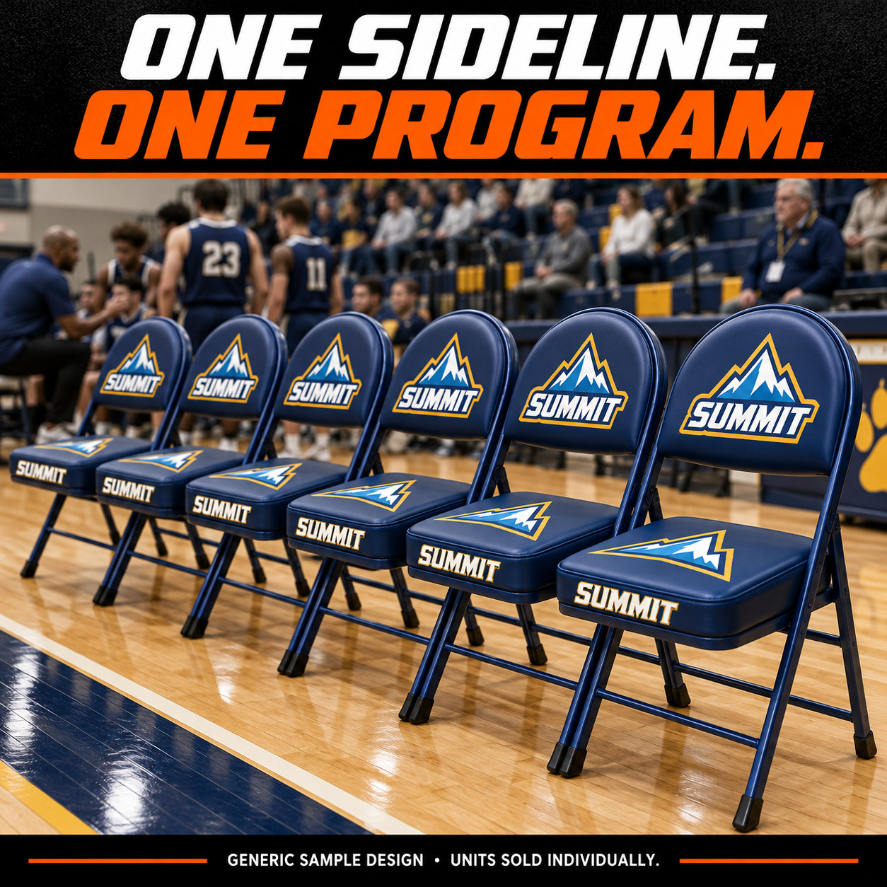 3 UP premium chairs: matching seats for a coordinated program order. AI illustration with a generic sample design; each chair is a separate unit.