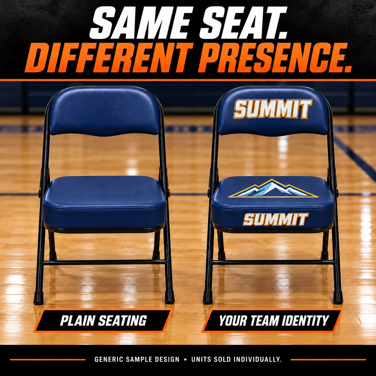 Standard custom sideline chairs with Summit mountain crests printed on seat tops: comparison. AI sample illustration; two print locations included, additional location optional.