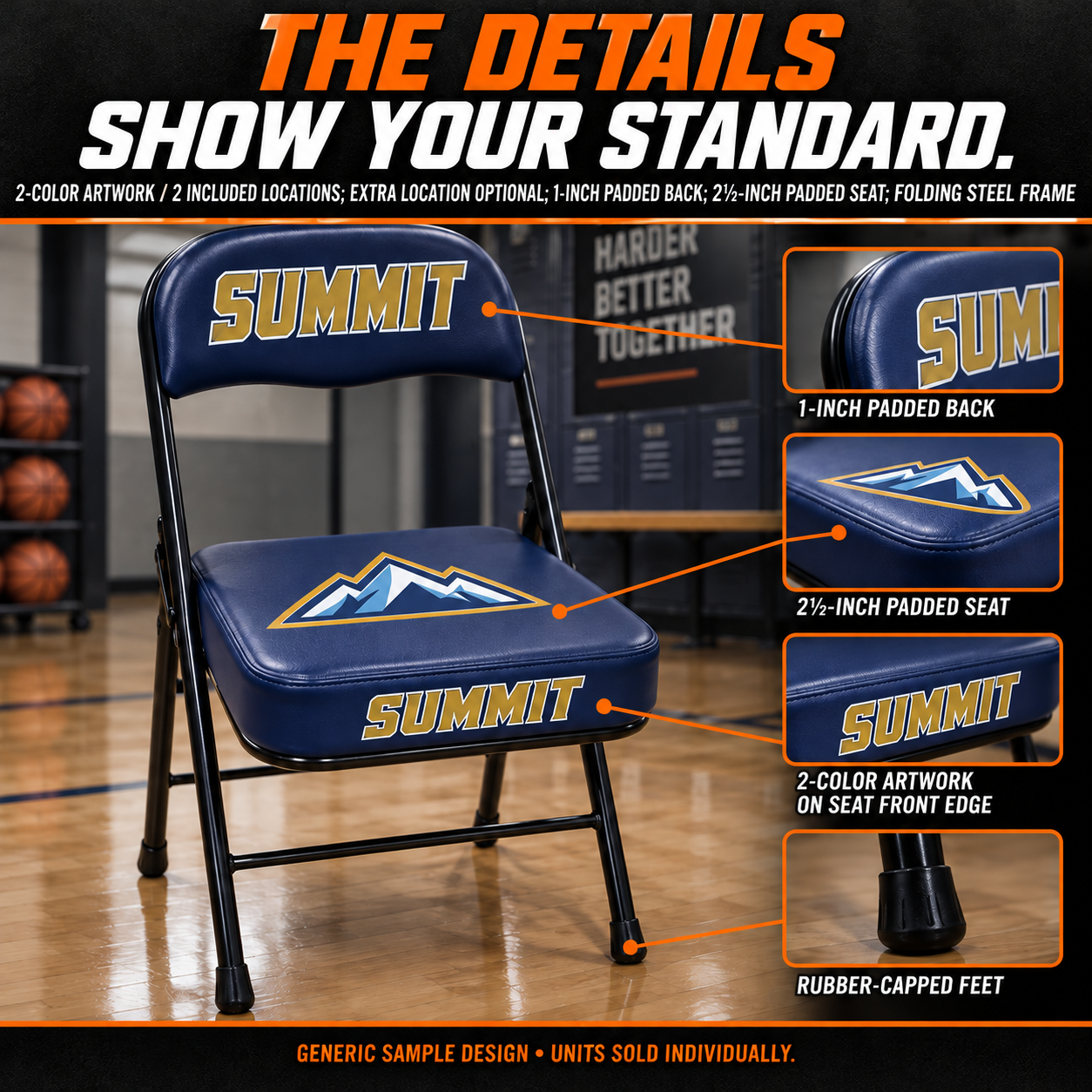 Standard custom sideline chairs with Summit mountain crests printed on seat tops: detail. AI sample illustration; two print locations included, additional location optional.