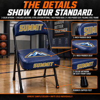 Thumbnail for Standard custom sideline chairs with Summit mountain crests printed on seat tops: detail. AI sample illustration; two print locations included, additional location optional.