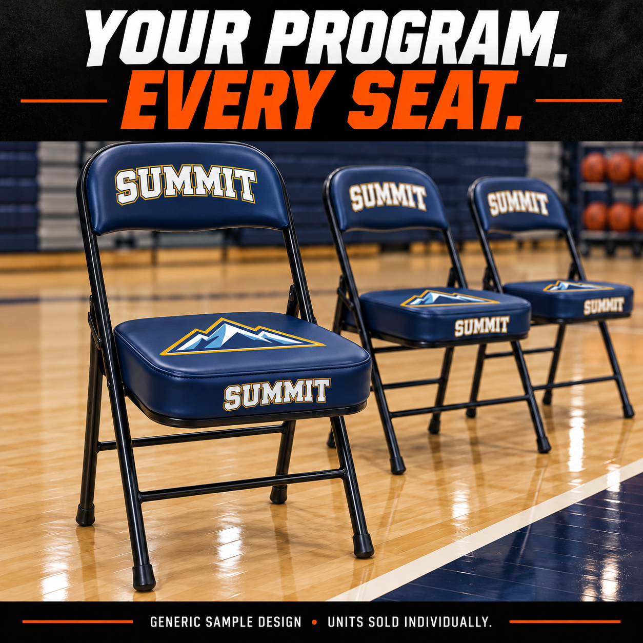 Standard custom sideline chairs with Summit mountain crests printed on seat tops: hero. AI sample illustration; two print locations included, additional location optional.