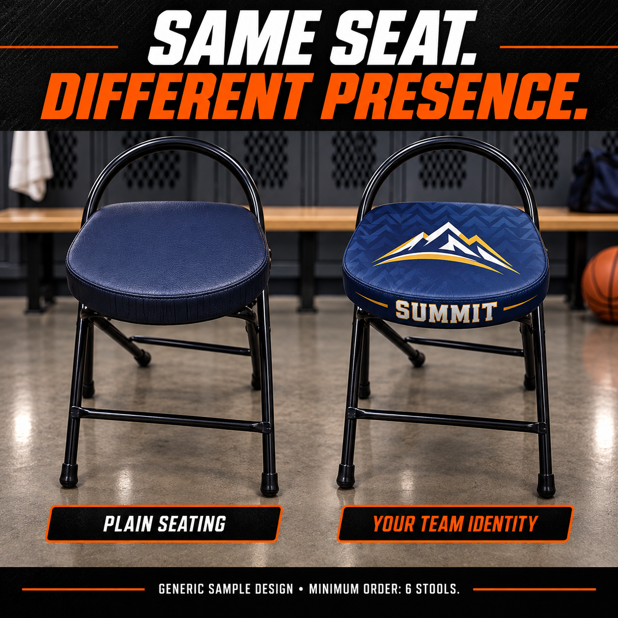 Locker-room stools: plain and custom versions of the same seating model. AI illustration with a generic sample design; minimum order six stools.