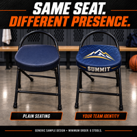 Thumbnail for Locker-room stools: plain and custom versions of the same seating model. AI illustration with a generic sample design; minimum order six stools.