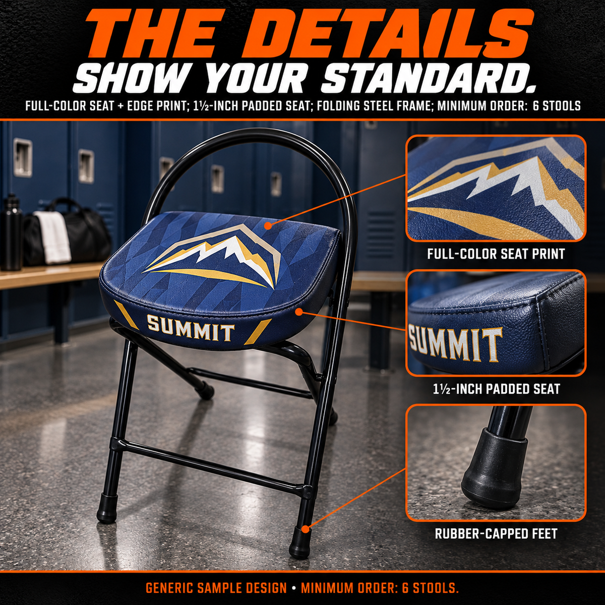 Locker-room stools: verified padding, print and folding-frame features. AI illustration with a generic sample design; minimum order six stools.