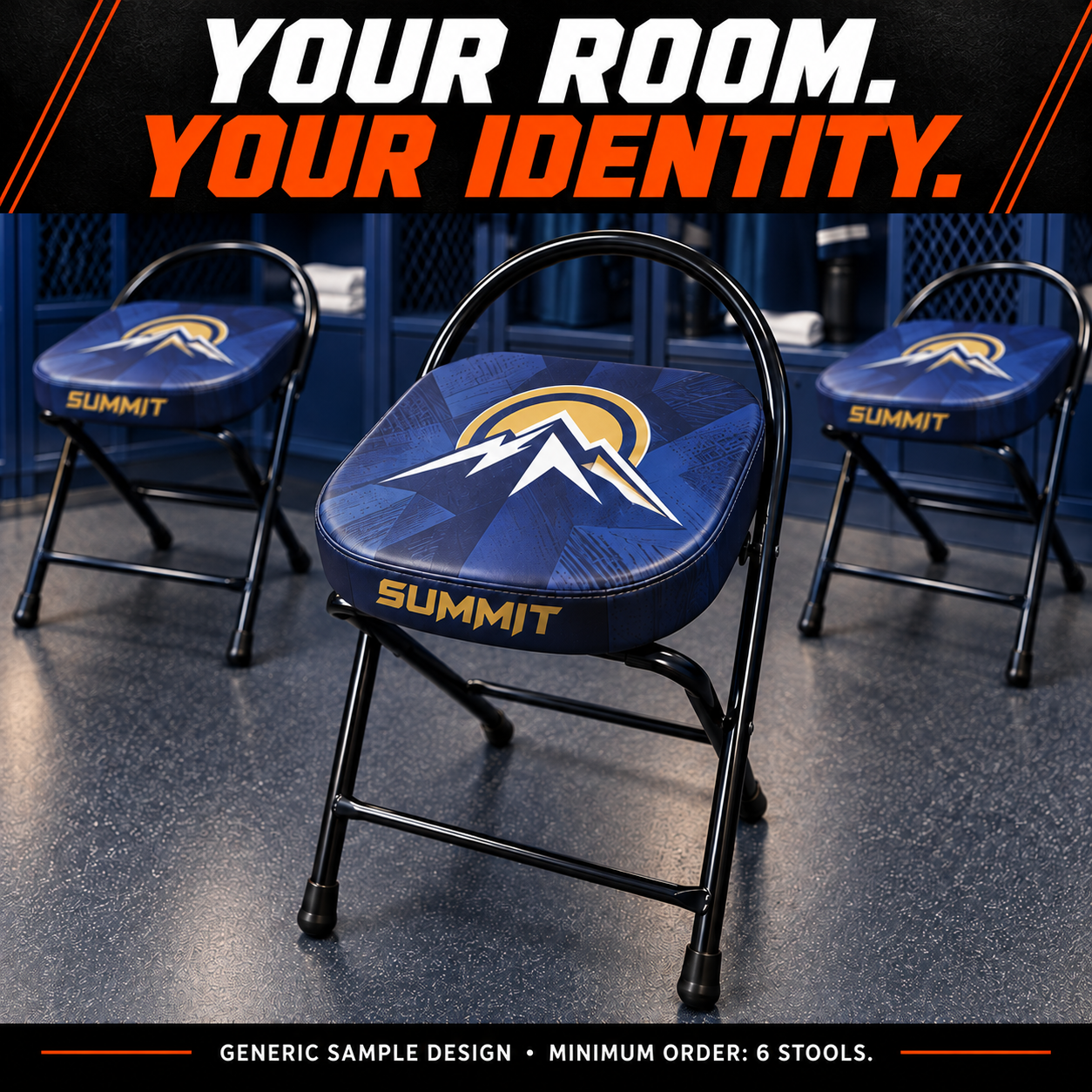 Locker-room folding stools with open arched steel frames and custom full-color seats: your room, your identity. AI illustration with a generic sample design; minimum order six stools.