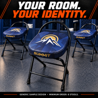 Thumbnail for Locker-room folding stools with open arched steel frames and custom full-color seats: your room, your identity. AI illustration with a generic sample design; minimum order six stools.