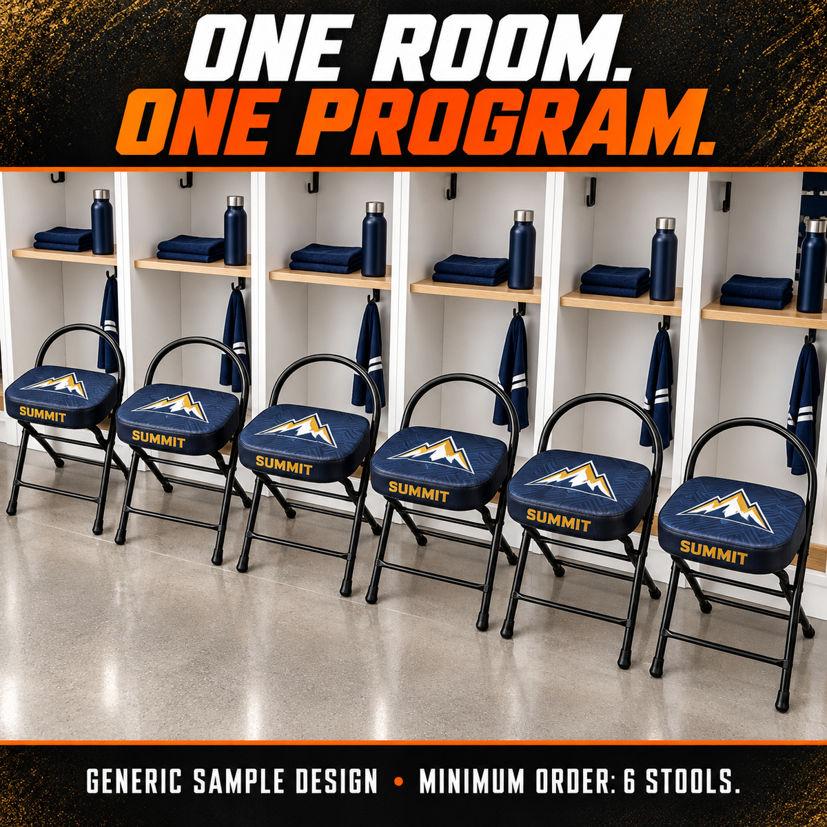 Locker-room folding stools with open arched steel frames and custom full-color seats: six matching stools for one program. AI illustration with a generic sample design; minimum order six stools.