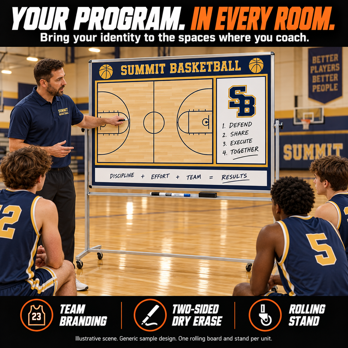 Illustrative basketball coaching scene: Your program, in every room. A Summit Basketball rolling whiteboard brings team branding into the gym. Two-sided dry erase and rolling stand. One board and stand per unit; generic sample design.