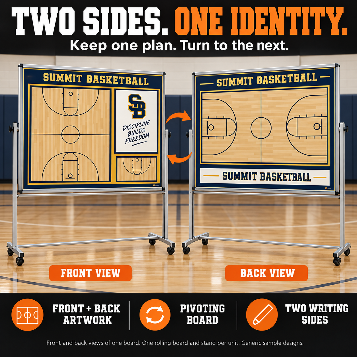 Two sides, one identity. Front and back views of one reversible basketball rolling whiteboard, with different court layouts and matching team art. Pivoting board and two writing sides. One board and stand per unit; generic sample designs.