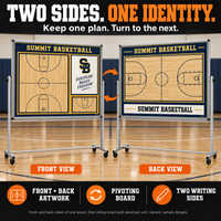 Thumbnail for Two sides, one identity. Front and back views of one reversible basketball rolling whiteboard, with different court layouts and matching team art. Pivoting board and two writing sides. One board and stand per unit; generic sample designs.