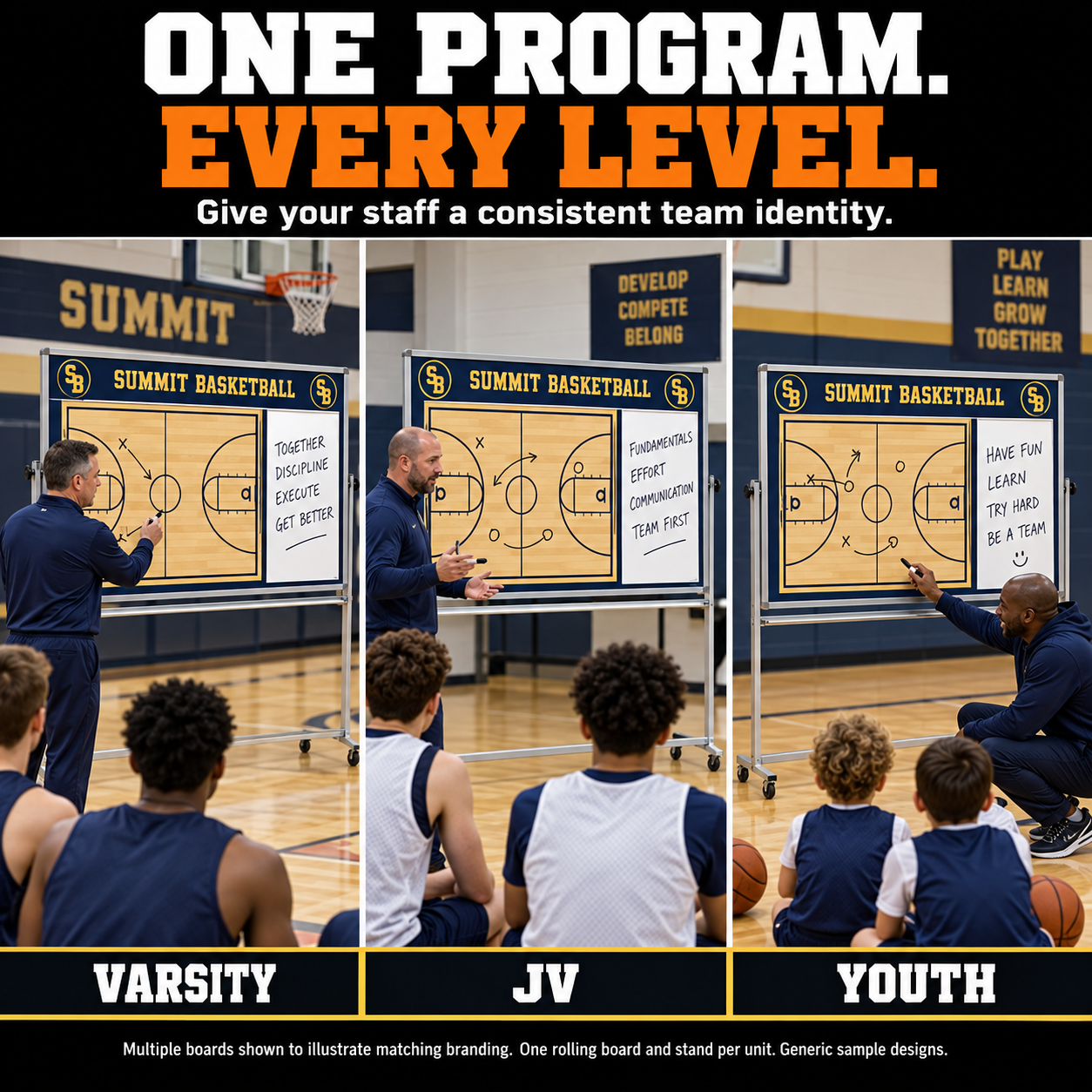 Illustrative matching mobile basketball boards for varsity, JV and youth: One program, every level. Give your staff a consistent team identity. Multiple boards illustrate matching branding; one board and stand per unit; generic sample designs.