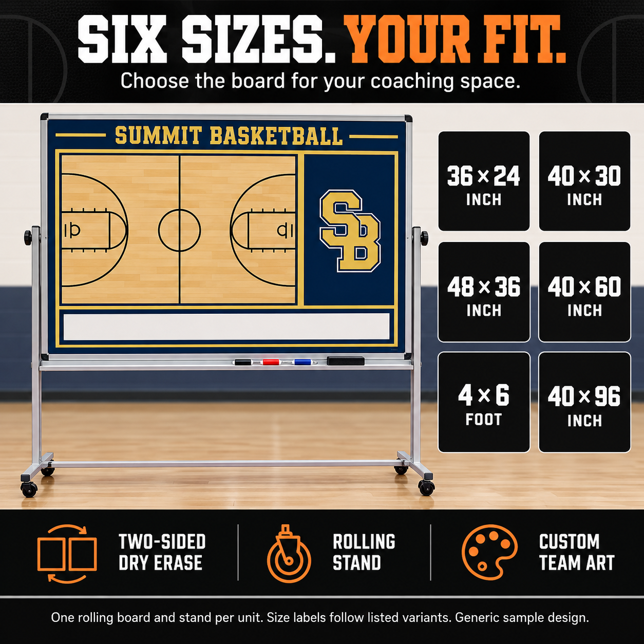 Six listed mobile basketball board sizes: 36 by 24, 40 by 30, 48 by 36, 40 by 60, and 40 by 96 inches, plus 4 by 6 feet. Two-sided dry erase, rolling stand and custom team art. One board and stand per unit; generic sample design.