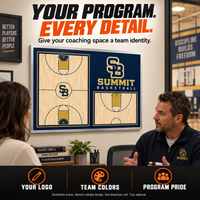 Thumbnail for Illustrative coach office scene: Your program, every detail. A custom navy-and-gold basketball wall board gives the coaching space a team identity. Your logo, team colors and program pride. Generic sample design; one board per unit; tray optional.