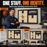 Thumbnail for Illustrative matching basketball wall boards for varsity, JV and youth coaching spaces: One staff, one identity. Match branding across every level. Multiple boards illustrate matching branding; one board per unit; generic sample designs.