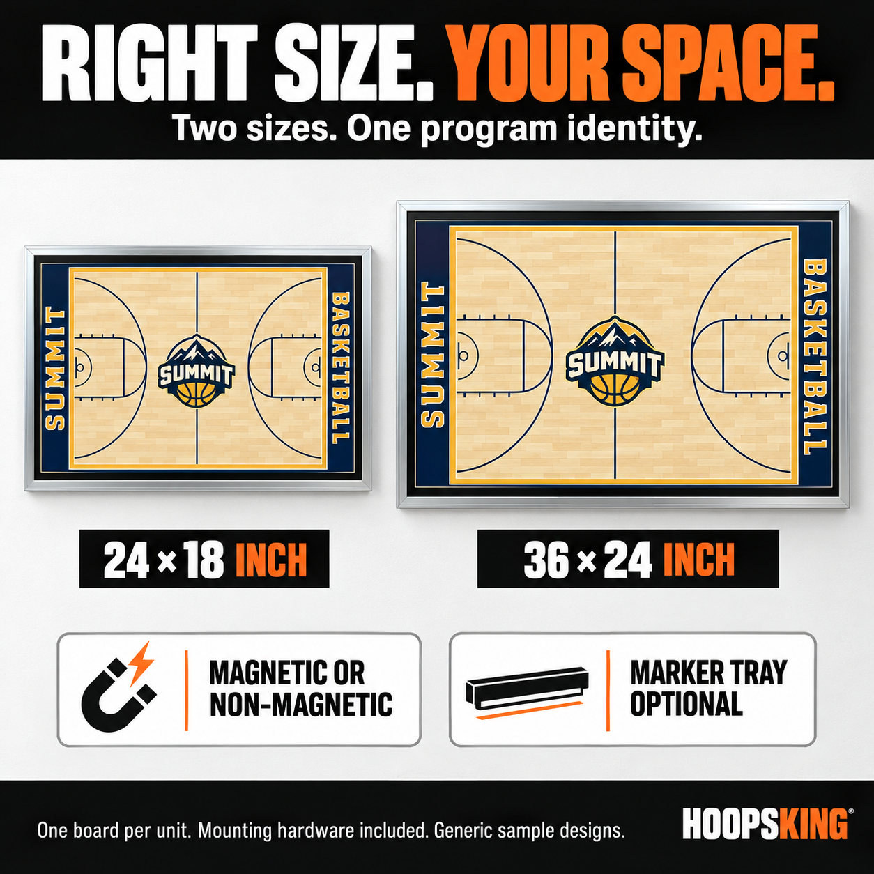 Two custom basketball wall-board size choices: 24 by 18 inches and 36 by 24 inches. Magnetic or non-magnetic surface; marker tray optional. One board per unit; mounting hardware included; generic sample designs.